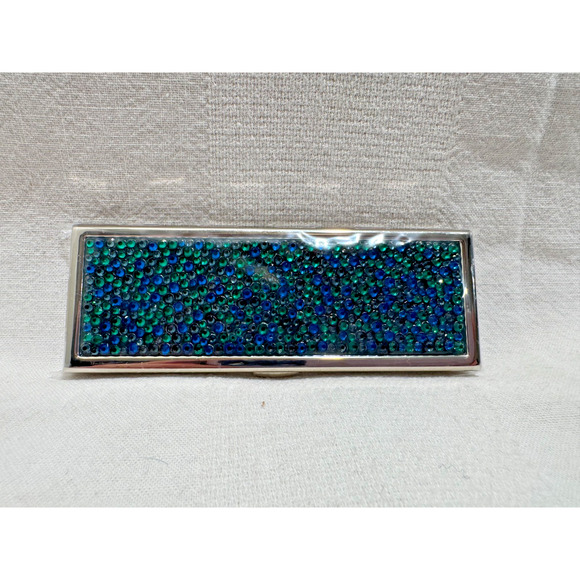 NIB JUDITH LEIBER Blue Green Real Crystal Stones Makeup Compact Mirror - Picture 4 of 6